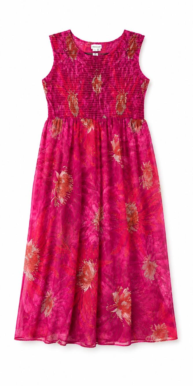 Pink Sheer Floral Smocked-Waist Midi Dress